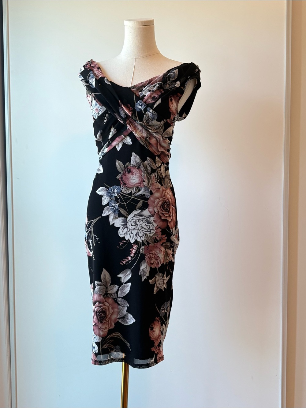 A3 Design Black Midi Dress with Blush Floral Print